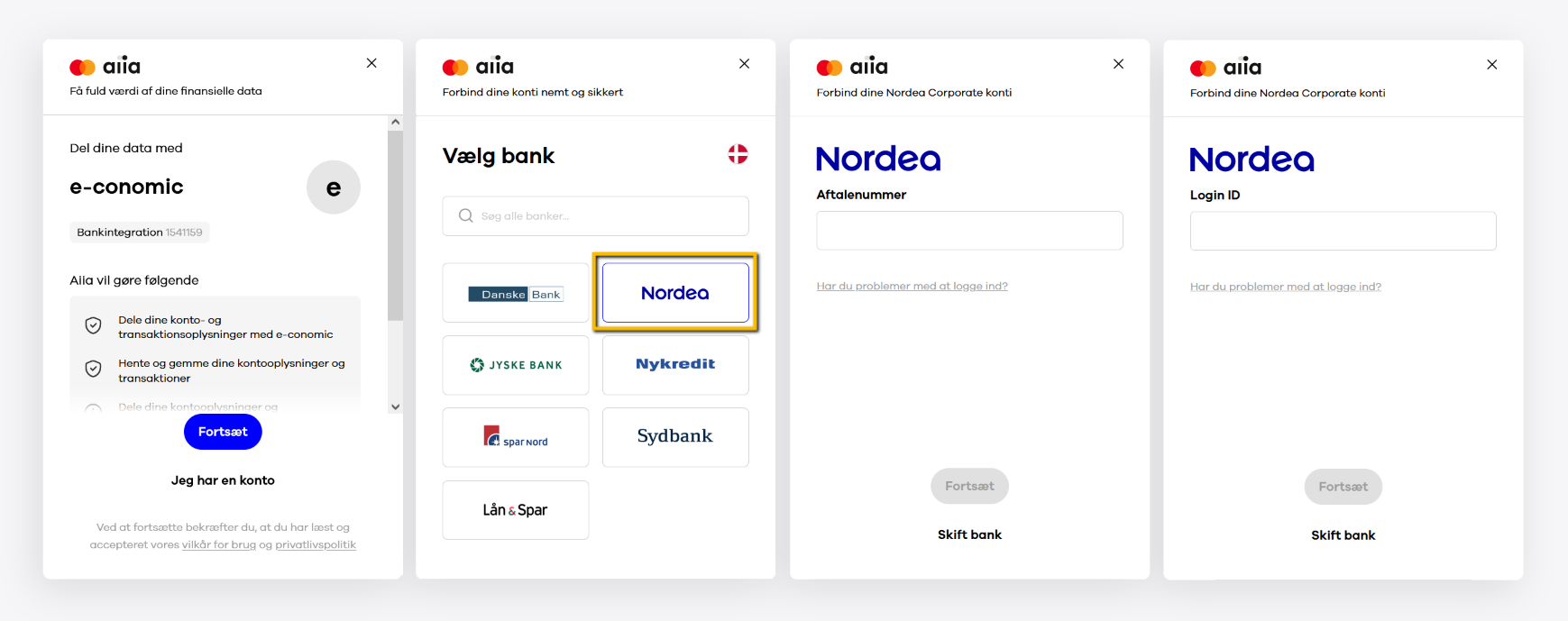 Viser opsætningsflowet i bankopsætningen Aiia.