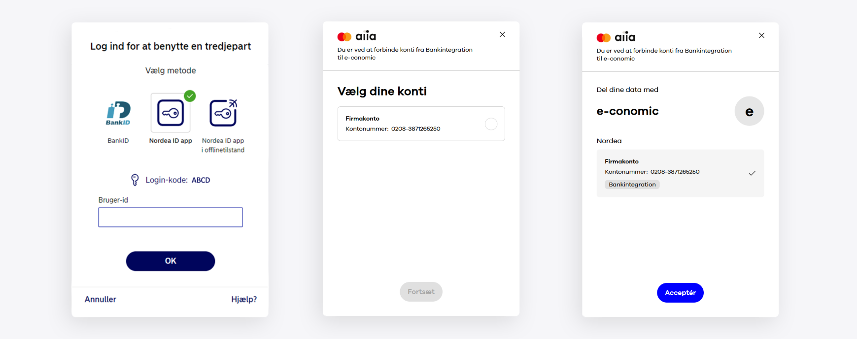 Viser godkendelsen af bankforbindelsen i Aiia.