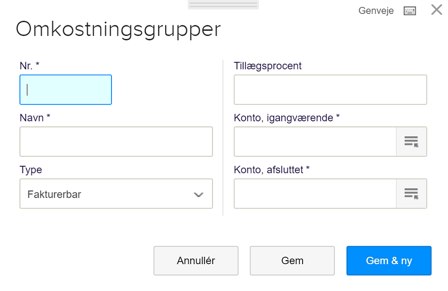 Viser formular til oprettelse af omkostningsgruppe i projektmodul – bruges til at angive navn, konti og type for gruppering af omkostninger