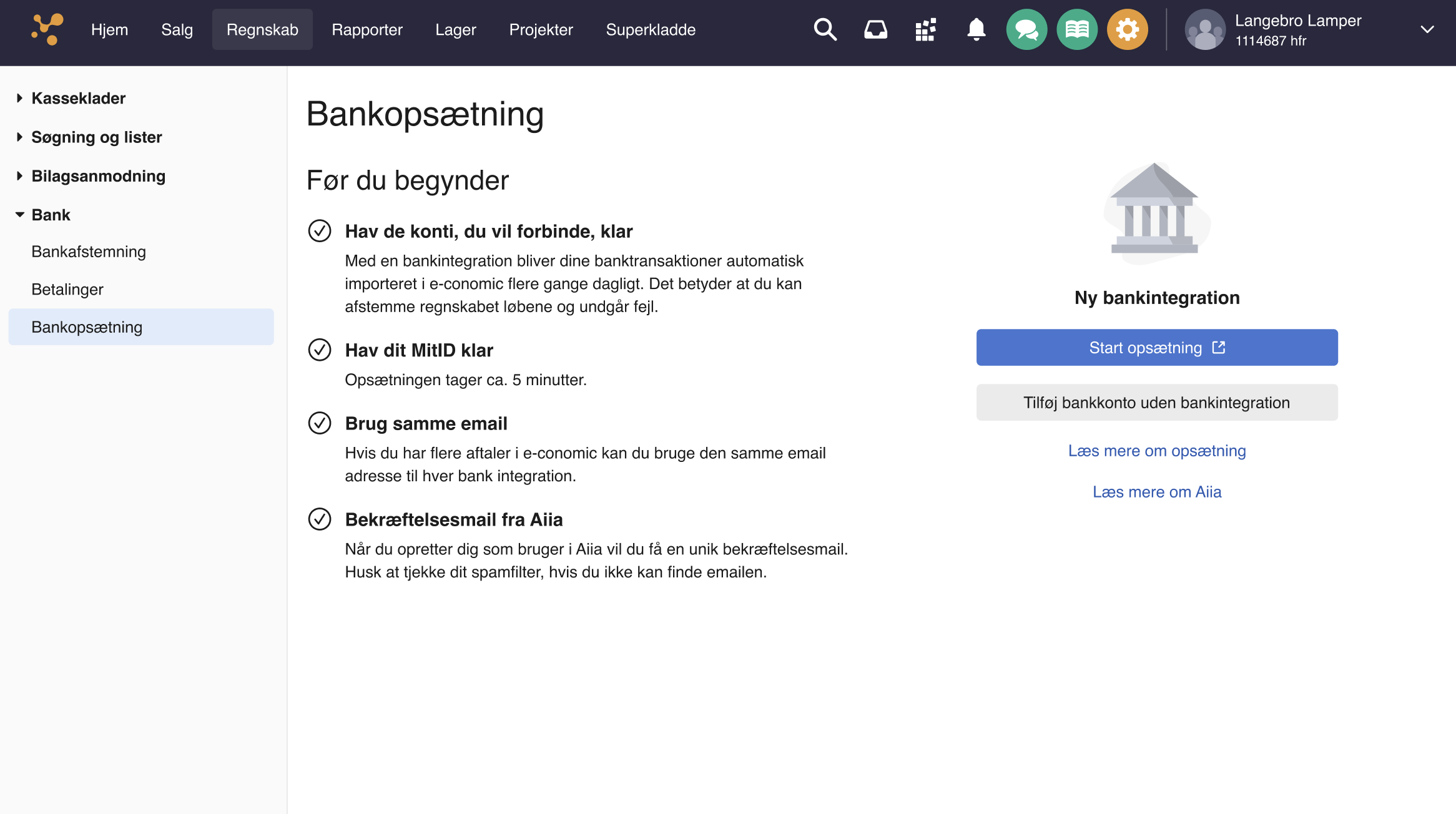 Viser 'Start opsætning'-knappen i menupunktet Bankopsætning – bruges til at påbegynde forbindelsen mellem e-conomic og en bank.