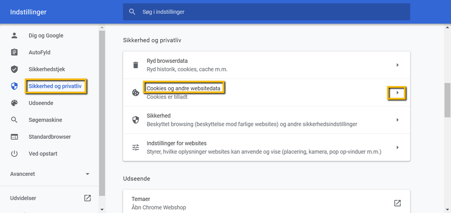 Viser menupunktet 'Cookies og andre websitedata' i Google Chromes indstillinger for privatliv og sikkerhed – bruges til at navigere til menuen, hvor specifikke websites kan tillades at bruge cookies.