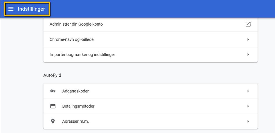 Viser Indstillinger-menuen i Google Chrome – bruges til at navigere til indstillinger for privatliv og sikkerhed .