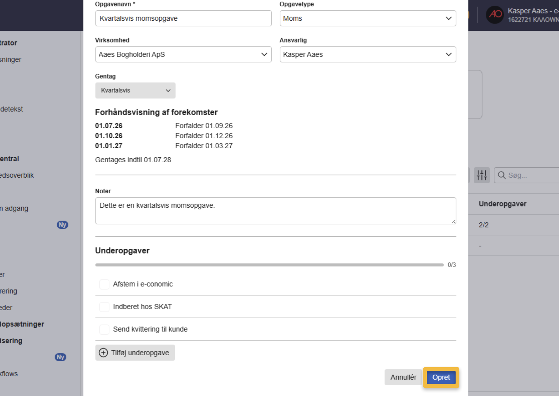 opret opgaver i praksis