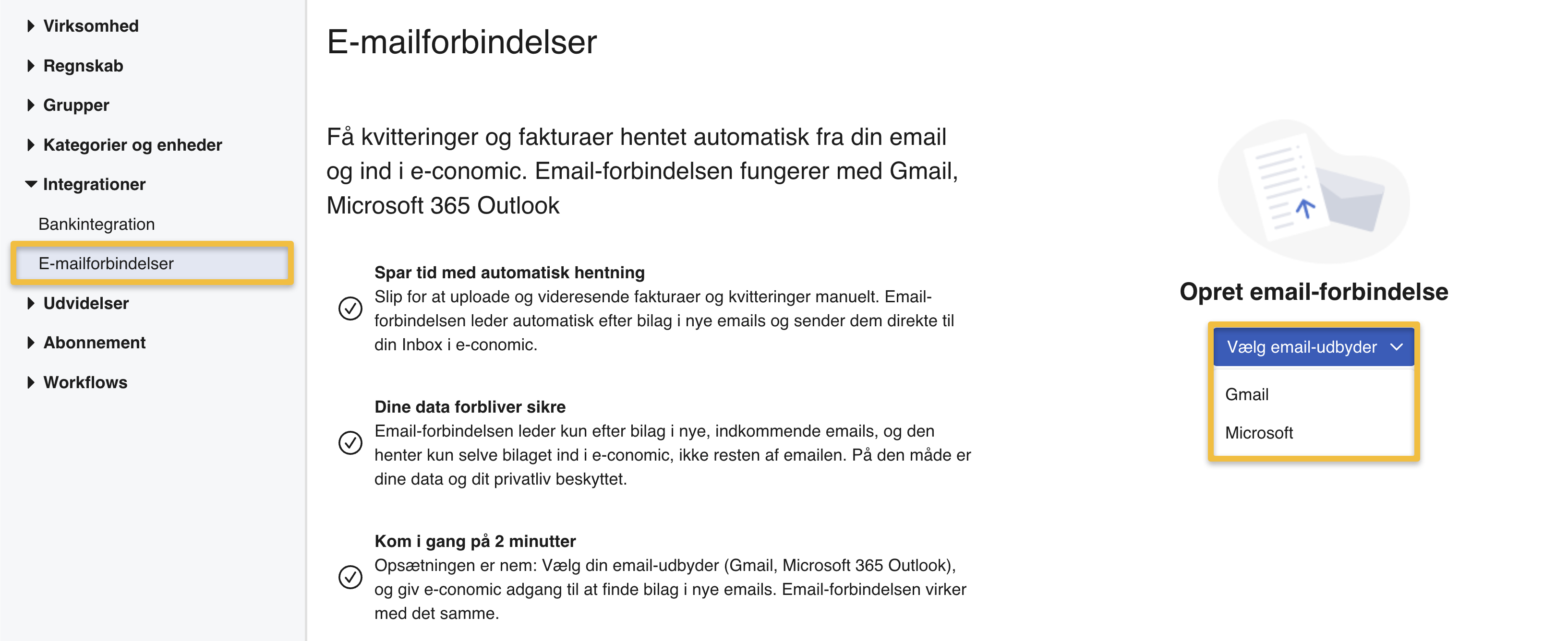 Viser valg af e-mailudbyder i E-mailforbindelser – bruges til at oprette en forbindelse mellem Gmail eller Microsoft 365 Outlook og e-conomic.