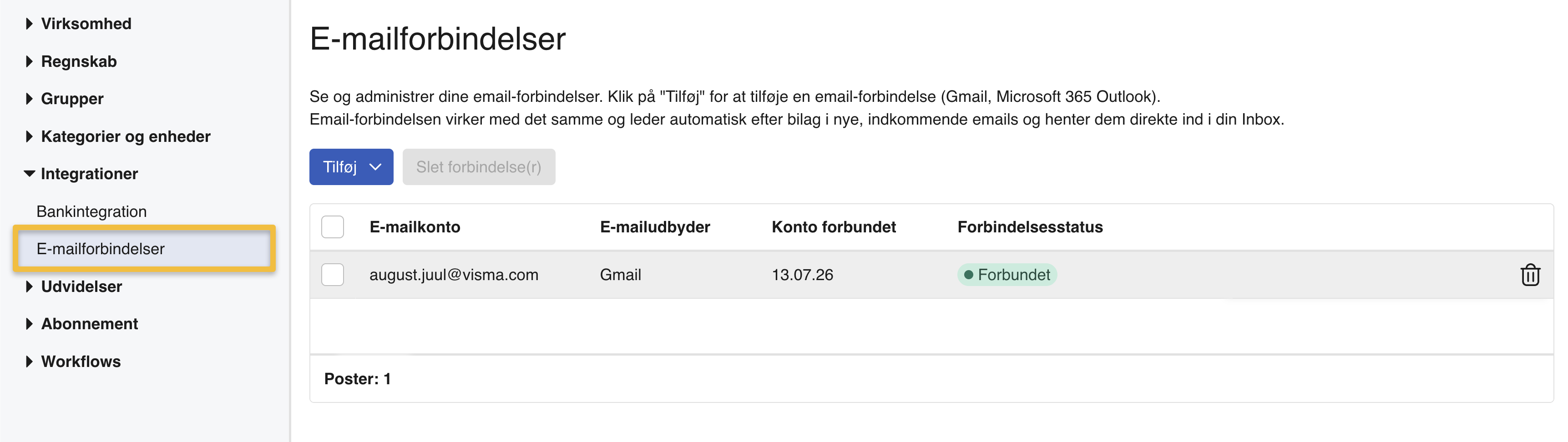 Viser oversigt over e-mailforbindelser i E-mailforbindelser – bruges til at se, administrere eller fjerne tilknyttede e-mailkonti.