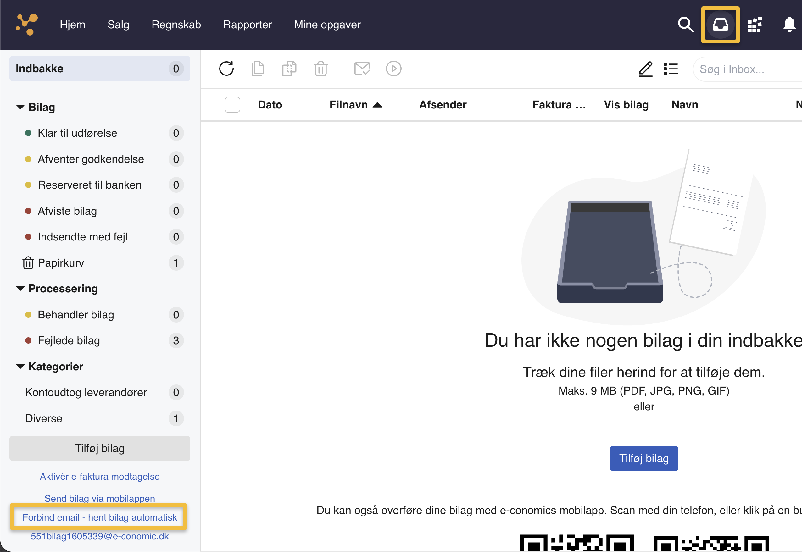Viser link til e-mailforbindelser i Indbakke – bruges til at aktivere automatisk hentning af bilag fra en e-mailkonto.