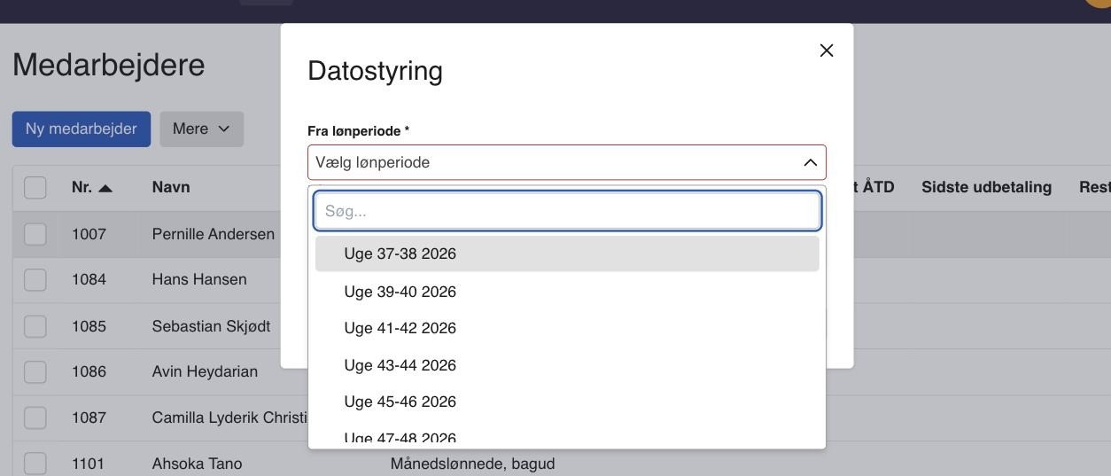 Viser dropdown-menuen Fra lønperiode – bruges til at vælge, hvornår ændringen skal gælde fra.