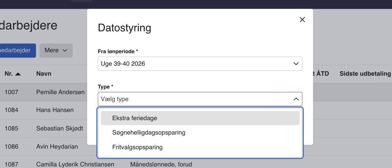 Viser dropdown-menuen Type – bruges til at vælge, hvilken slags ændring der planlægges.