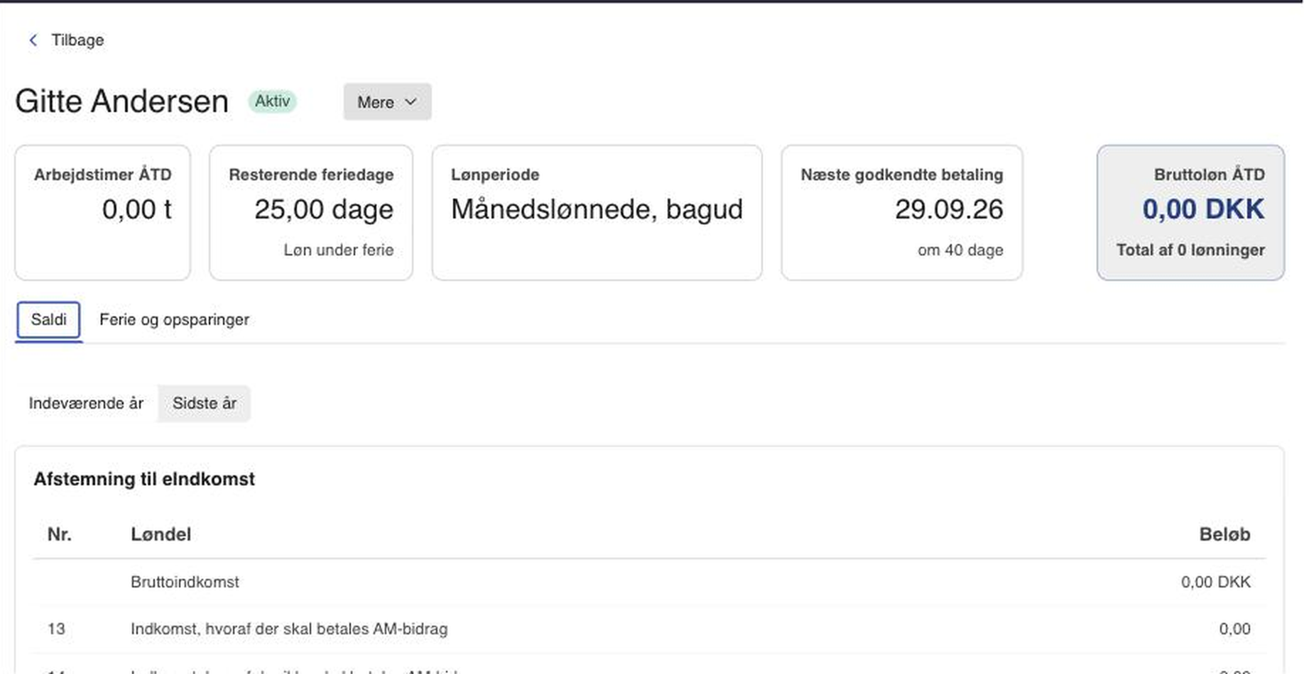 Viser fanen Saldi med Afstemning til eIndkomst – bruges til at se medarbejderens år til dato-tal fra lønkørsler.