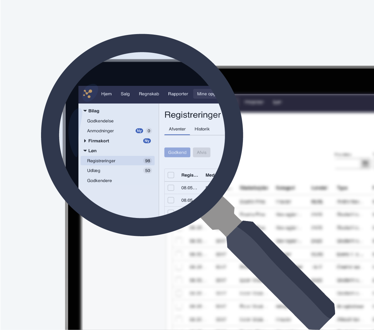 Et screenshot af e-conomic med et forstørrelsesglas, der zoomer ind på registreringer i programmet