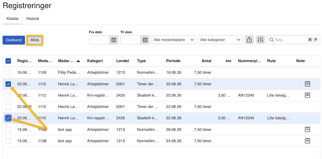 afvis registreringer