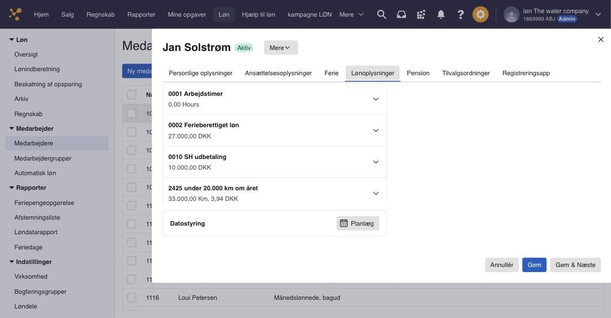 Viser afsnittet Datostyring på fanen Lønoplysninger – bruges til at planlægge ændringer af løndele.