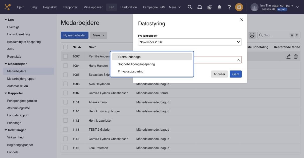 Viser dropdown-menuen Type – bruges til at vælge, hvilken slags ændring der planlægges.