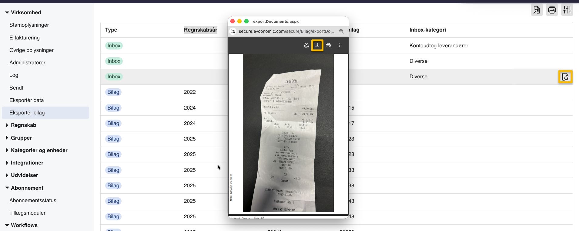 Viser download-ikonet i browserens PDF-viser – bruges til at gemme filen med de eksporterede bilag.