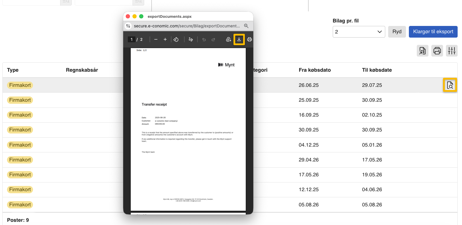 Viser download-ikonet i browserens PDF-viser – bruges til at gemme filen med de eksporterede bilag.