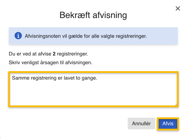 afvis registreringer