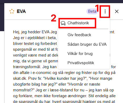 Ovenstående billede viser hvordan man finder chathistorikken man har ført med EVA.