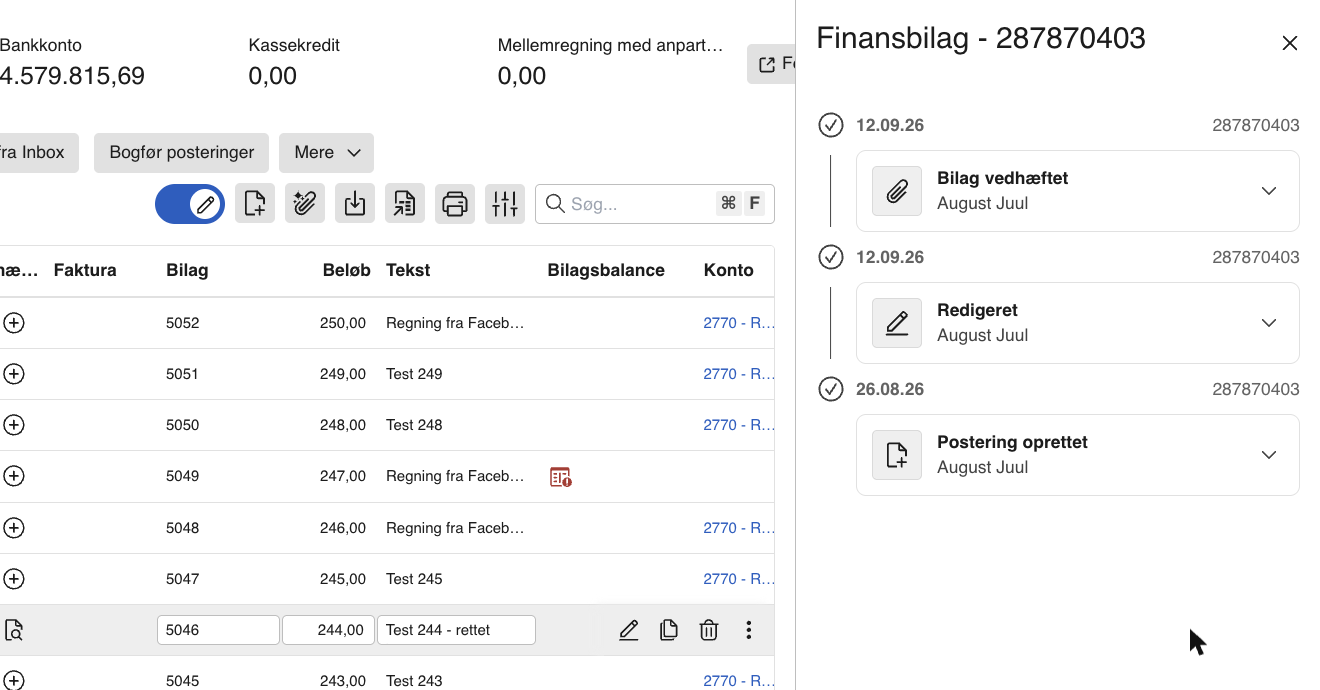 Viser loggen for et finansbilag i kassekladden – bruges til at se hvem der har oprettet, redigeret og vedhæftet bilag på posteringen.