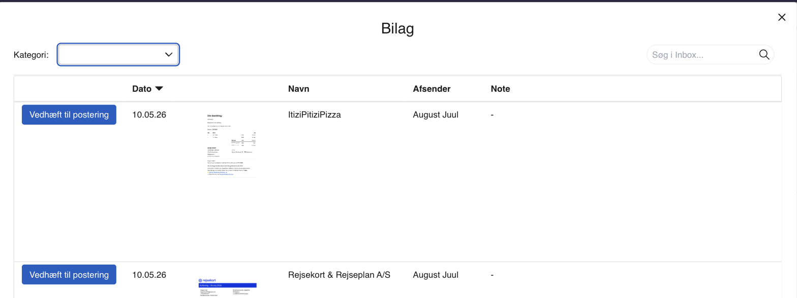 Viser oversigten over bilag i Inbox med knappen Vedhæft til postering – bruges til at knytte et bilag der allerede ligger i Inbox til posteringen.
