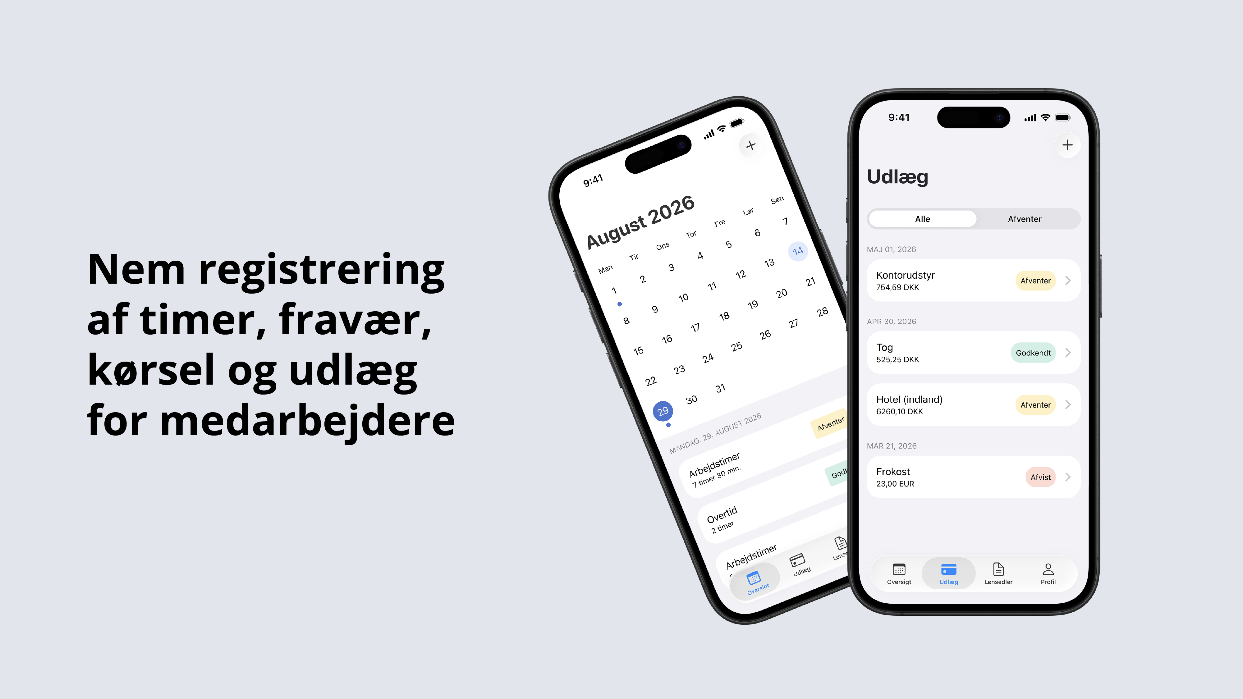Et screenshot af e-conomics app Løn Mobilapp med en tekst til venstre for screenshotsene
