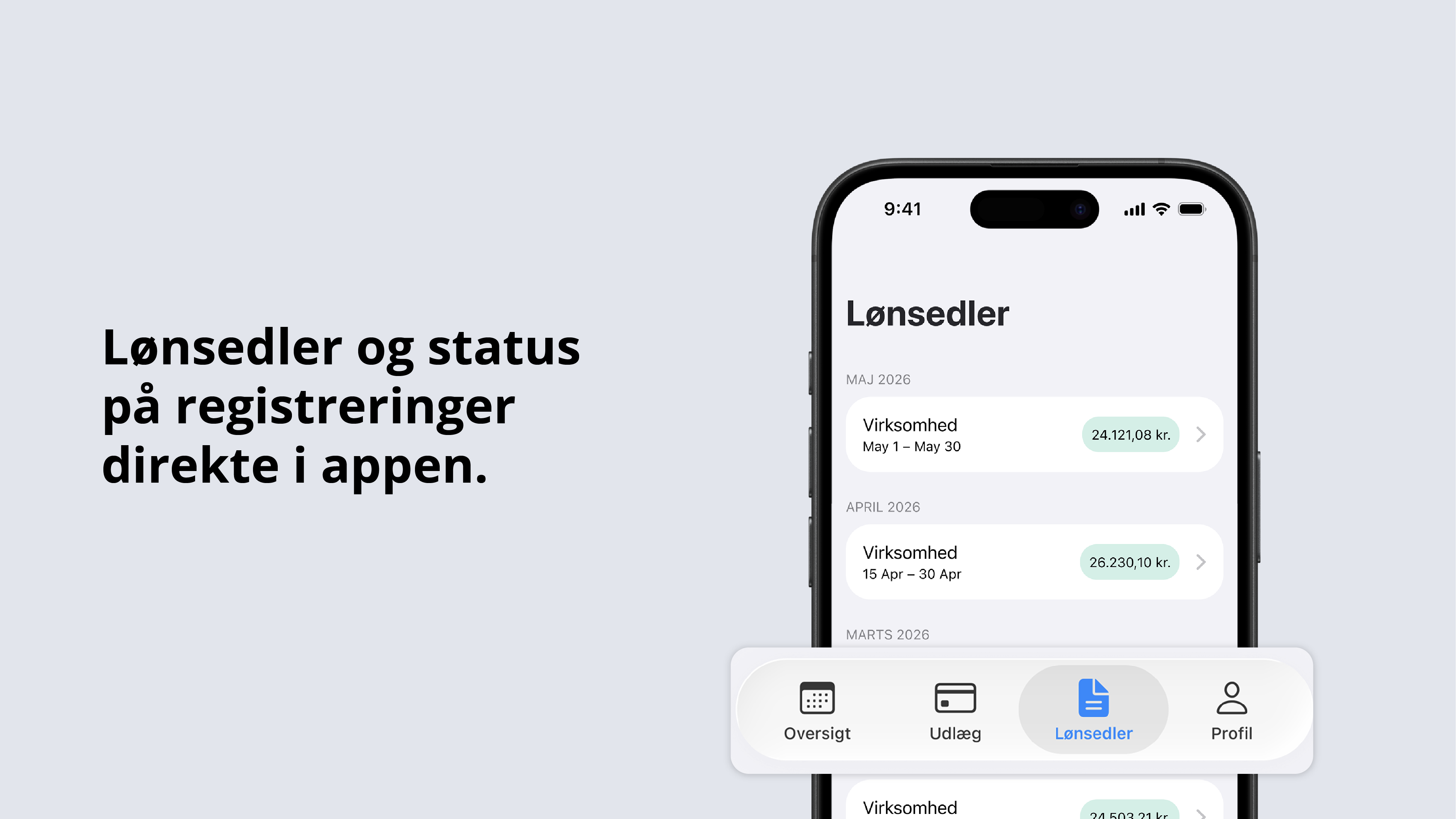 Et screenshot af e-conomics app Løn Mobilapp med en tekst til venstre for screenshotsene