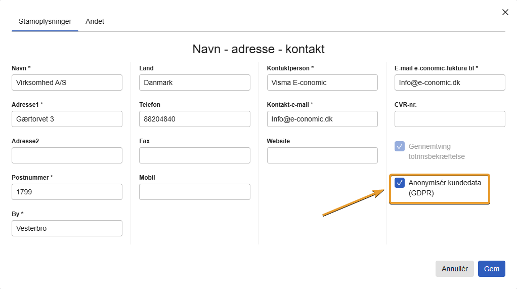 Viser fluebenet i "Anonymisér kundedata (GDPR)" i virksomhedsindstillinger – bruges til at aktivere funktionen til at anonymisere kundedata.