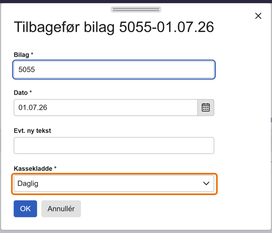 Viser dialogen Tilbagefør bilag med feltet Kassekladde – bruges til at vælge, hvilken kassekladde posteringen lander i.