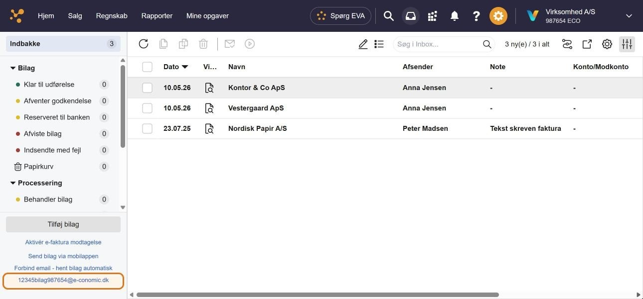 Viser den unikke indscanningsmail nederst til venstre i Inbox – bruges til at sende bilag ind i e-conomic på mail.