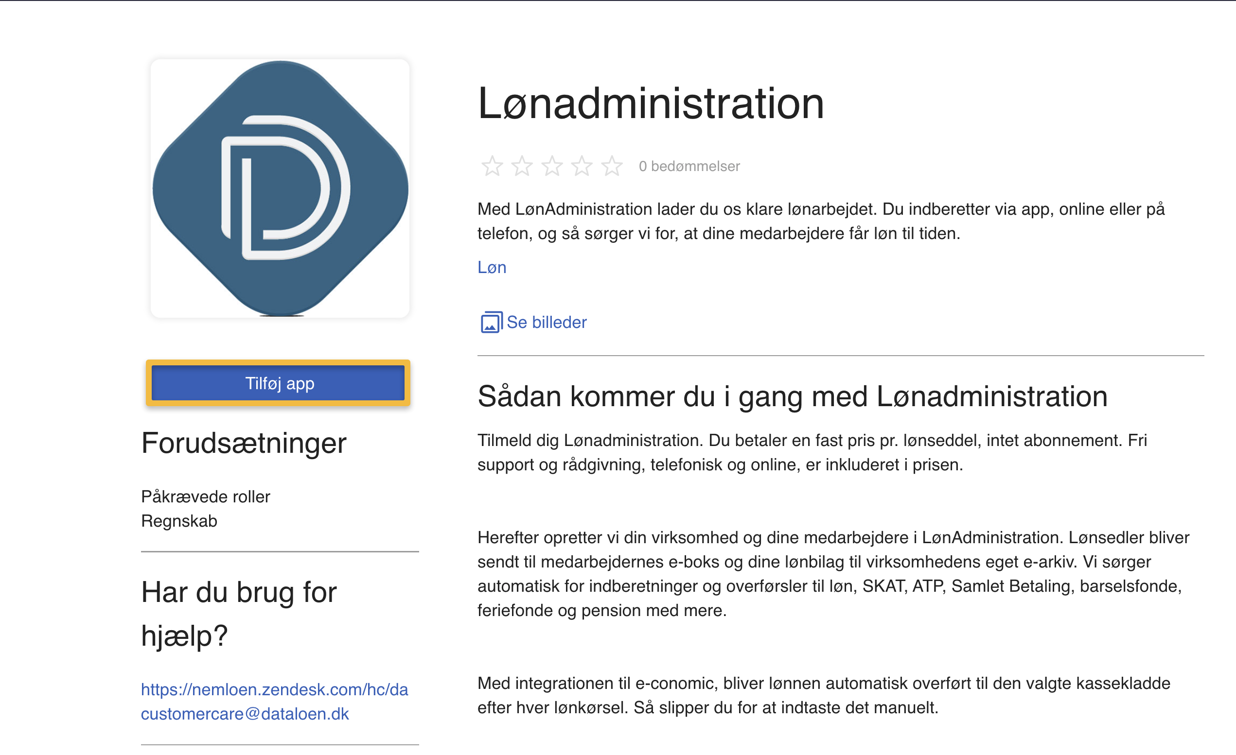 Viser knappen 'Tilføj' for Lønadministration (Dataløn-appen) i Market – bruges til at tilføje integrationen.