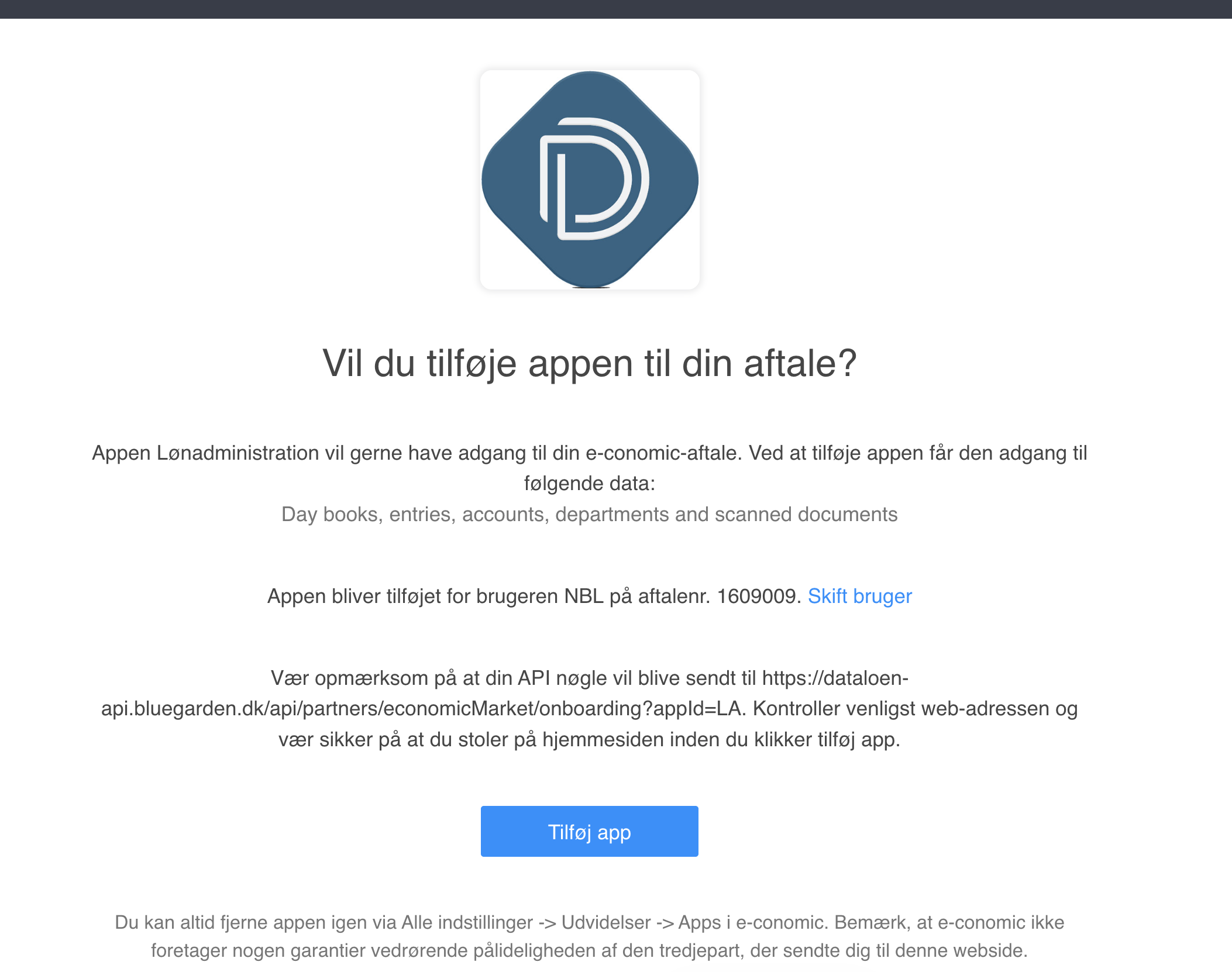 Viser bekræftelsesvinduet for Lønadministration (DataLøn-appen) i Market – bruges til at bekræfte tilføjelsen af appen til e-conomic.