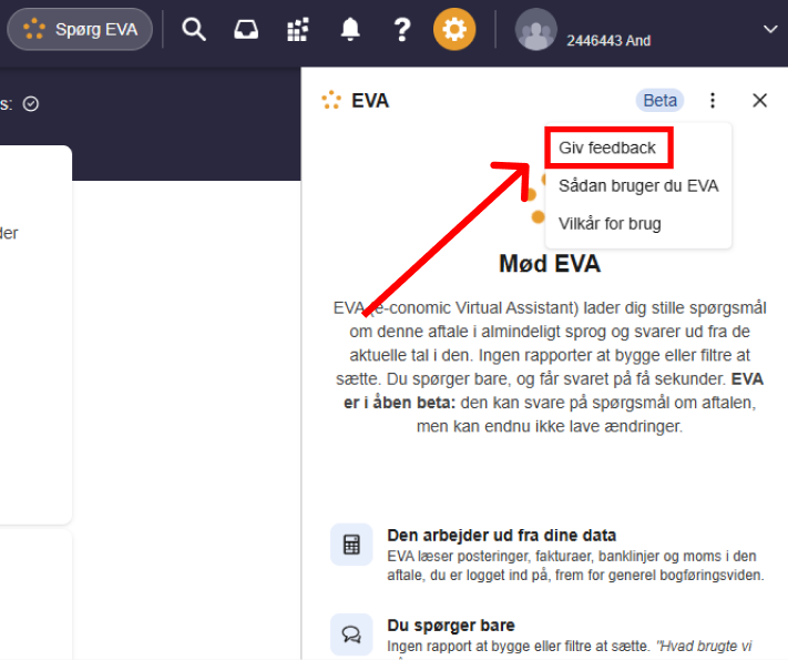 Ovenstående billede viser hvor man finder 'Giv feedback' til at underette e-conomic om problemer med EVA.