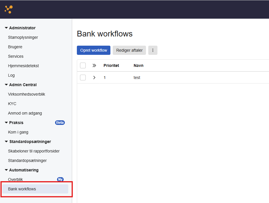 Ovenstående billede viser hvor "Bank workflows" kan findes i administratormodulet, som er tilgængeligt for administratorer.