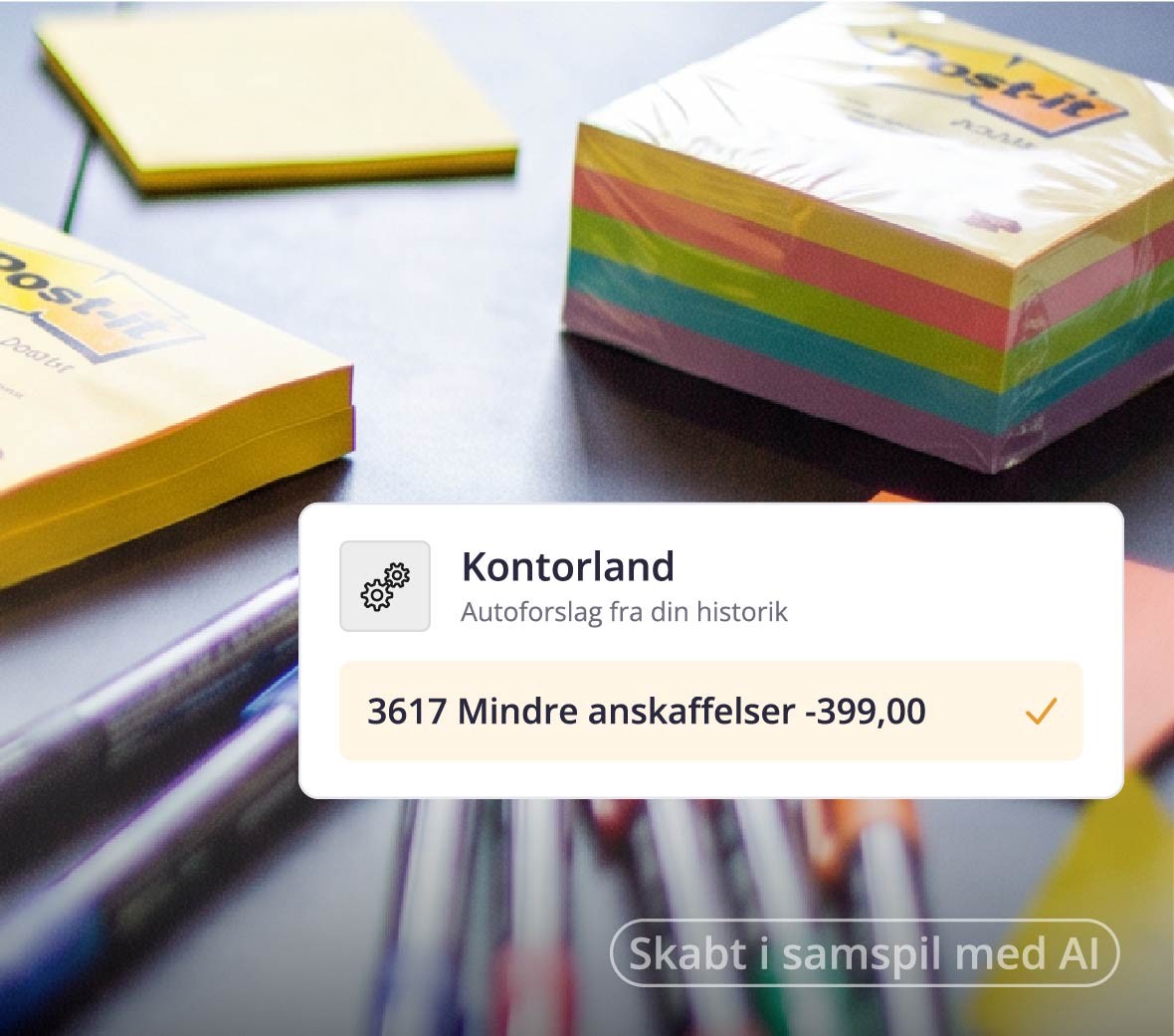 Et bord med post-its og en boks med tekst, der relaterer sig til bogføring