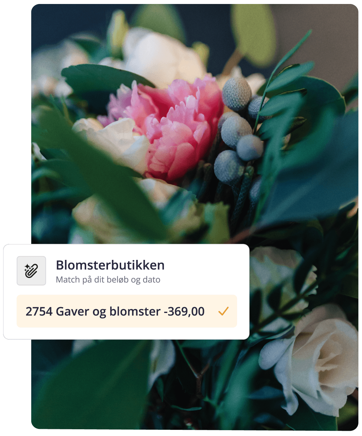 Et billede af en buket blomster med en lille besked relateret til regnskab foran