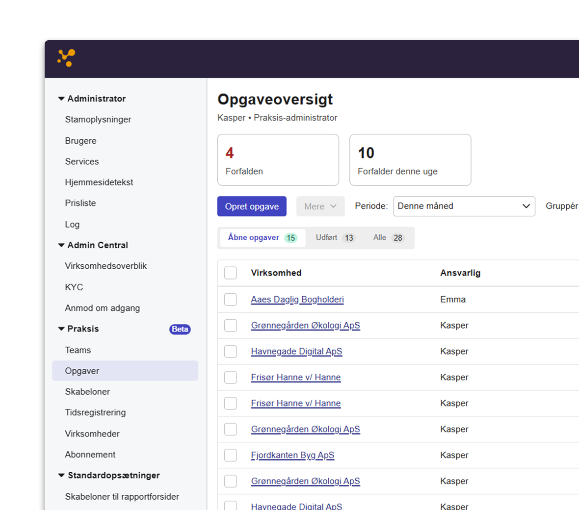 Et screenshot af e-conomics opgaveoversigt på produktet Praksis