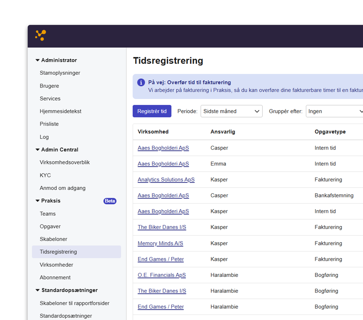 Et screenshot af e-conomics tidsregistrering på produktet Praksis