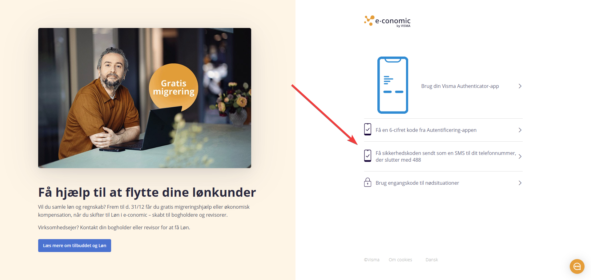 Hvis du ikke kan se denne mulig, har du ikke sat telefonnummer som backup, og du skal bruge en anden metode til at genoprette 2FA med.