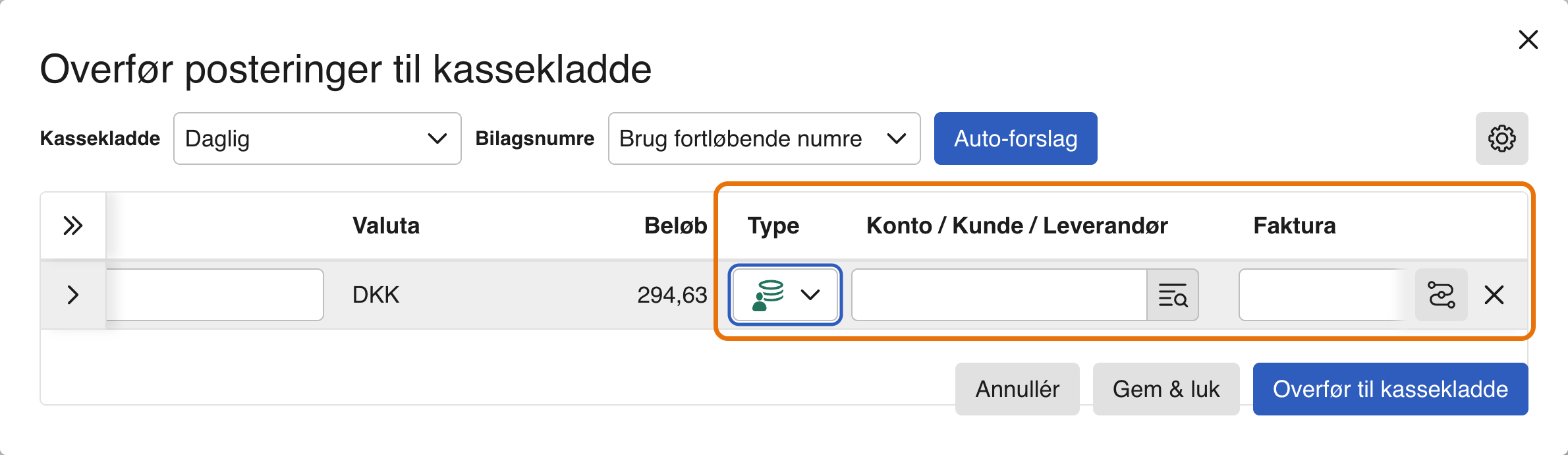 Viser overførselsvinduet med typen Kundeindbetaling og tomme felter for kunde og faktura – bruges til at bogføre bankbeløbet i DKK, uden at kunden påvirkes.