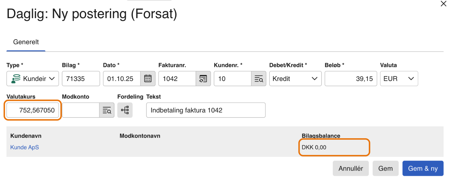 Viser andet ben i fakturaens valuta med feltet Valutakurs og en bilagsbalance på 0,00 – bruges til at kontrollere, at kursen får de to ben til at gå op.