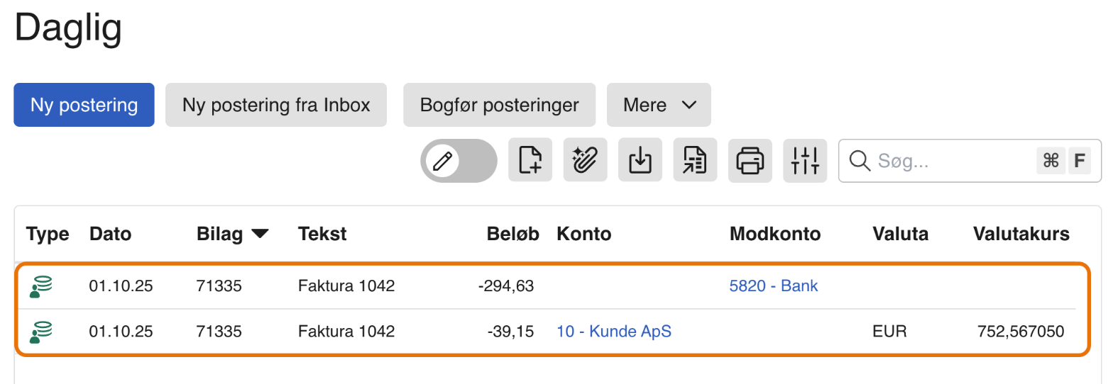 Viser de to ben i kassekladden med samme bilagsnummer – bruges til at kontrollere posteringen, før den bogføres.