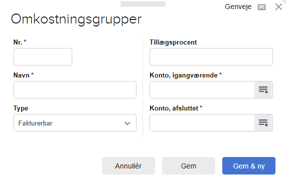 Opret ny omkostningsgruppe Viser formular til oprettelse af omkostningsgruppe i projektmodul – bruges til at angive navn, konti og type for gruppering af omkostninger