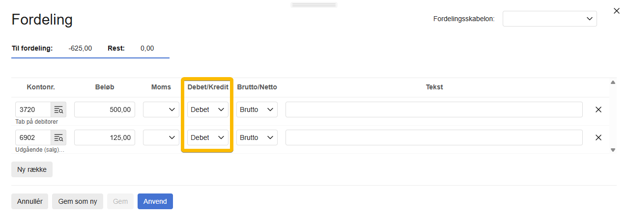 Viser fordeling i kassekladden med konto 3720 for tab på debitorer og konto 6902 for udgående salgsmoms – bruges til at bogføre tab og regulere moms ved tabsafskrivning.