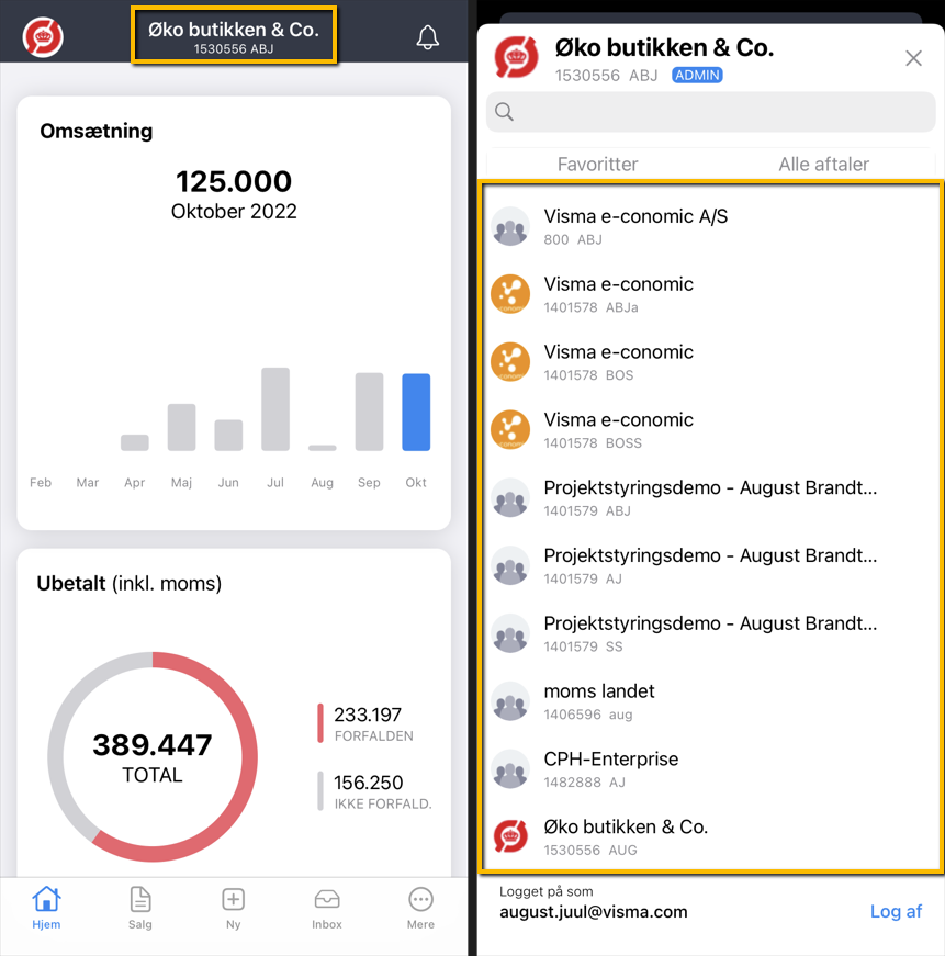 Viser aftalevælgeren i mobilappens topbjælke – bruges til at skifte mellem forskellige regnskabsaftaler.