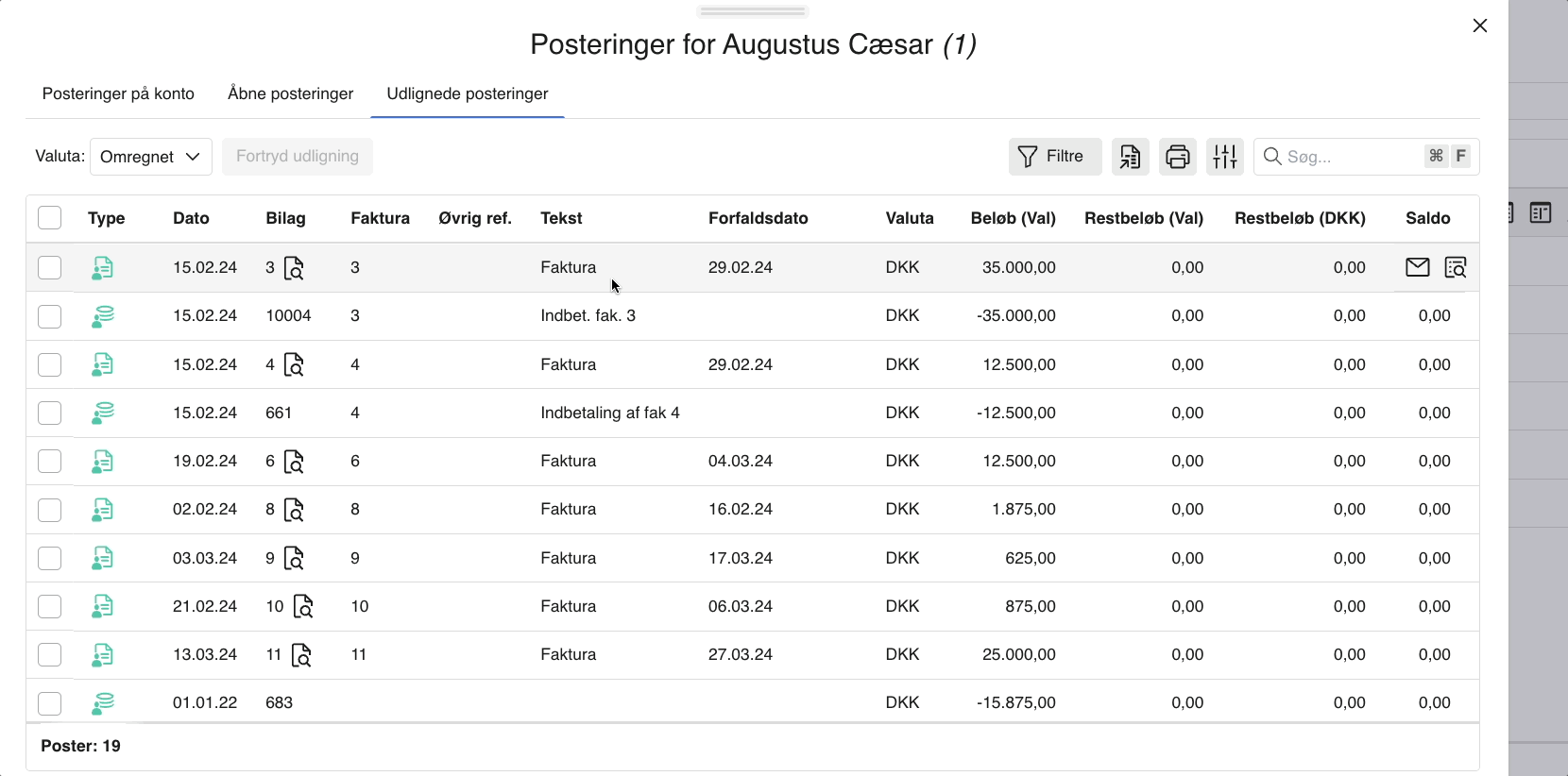 Viser fanen 'Udlignede posteringer' i kundens posteringsoversigt – bruges til at se, hvilke posteringer der er udlignet med hinanden.