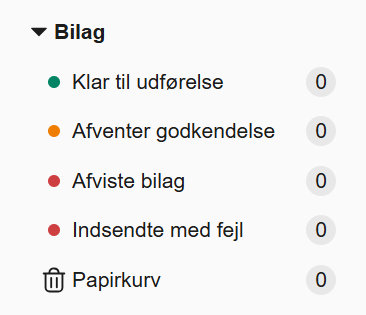 Viser statuskategorierne for bilag i indbakken – bruges til at få et overblik over og tilgå bilag baseret på deres status.