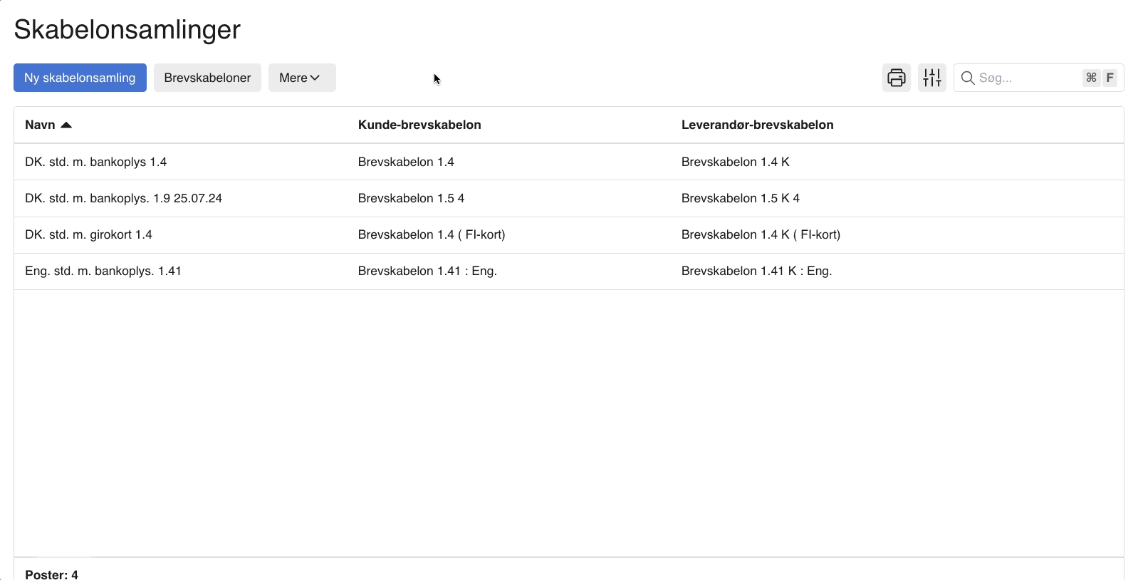 Viser listen med skabelonsamlinger i e-conomic – bruges til at navigere til den brevskabelon, der skal rettes.