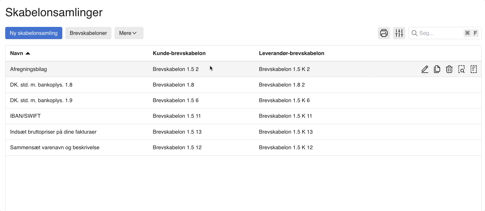 Viser oversigten over skabelonsamlinger i Design og layout – bruges til at tilgå de enkelte skabeloner i en samling for redigering.