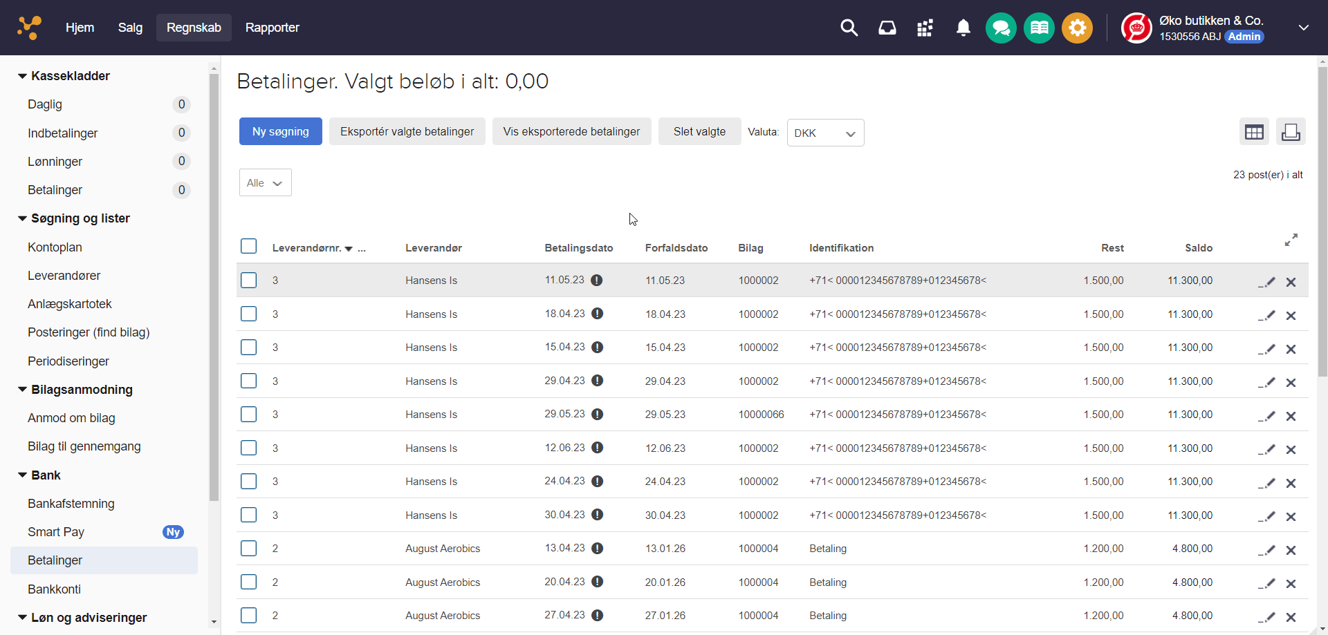 Viser knappen 'Ny søgning' i Betalinger – bruges til at finde specifikke betalingsposter, der skal eksporteres eller slettes.
