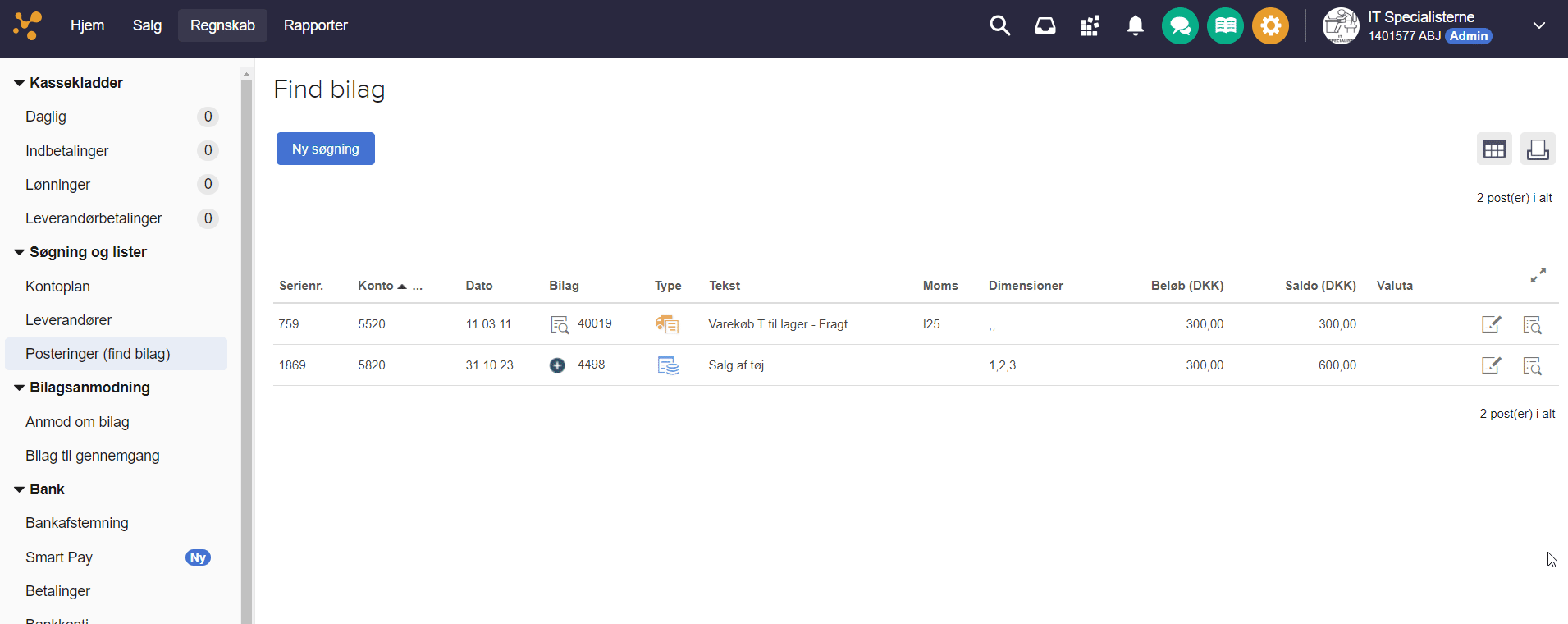 Viser listen over posteringer i 'Posteringer (find bilag)' – bruges til at finde og redigere dimensioner på en bogført postering.