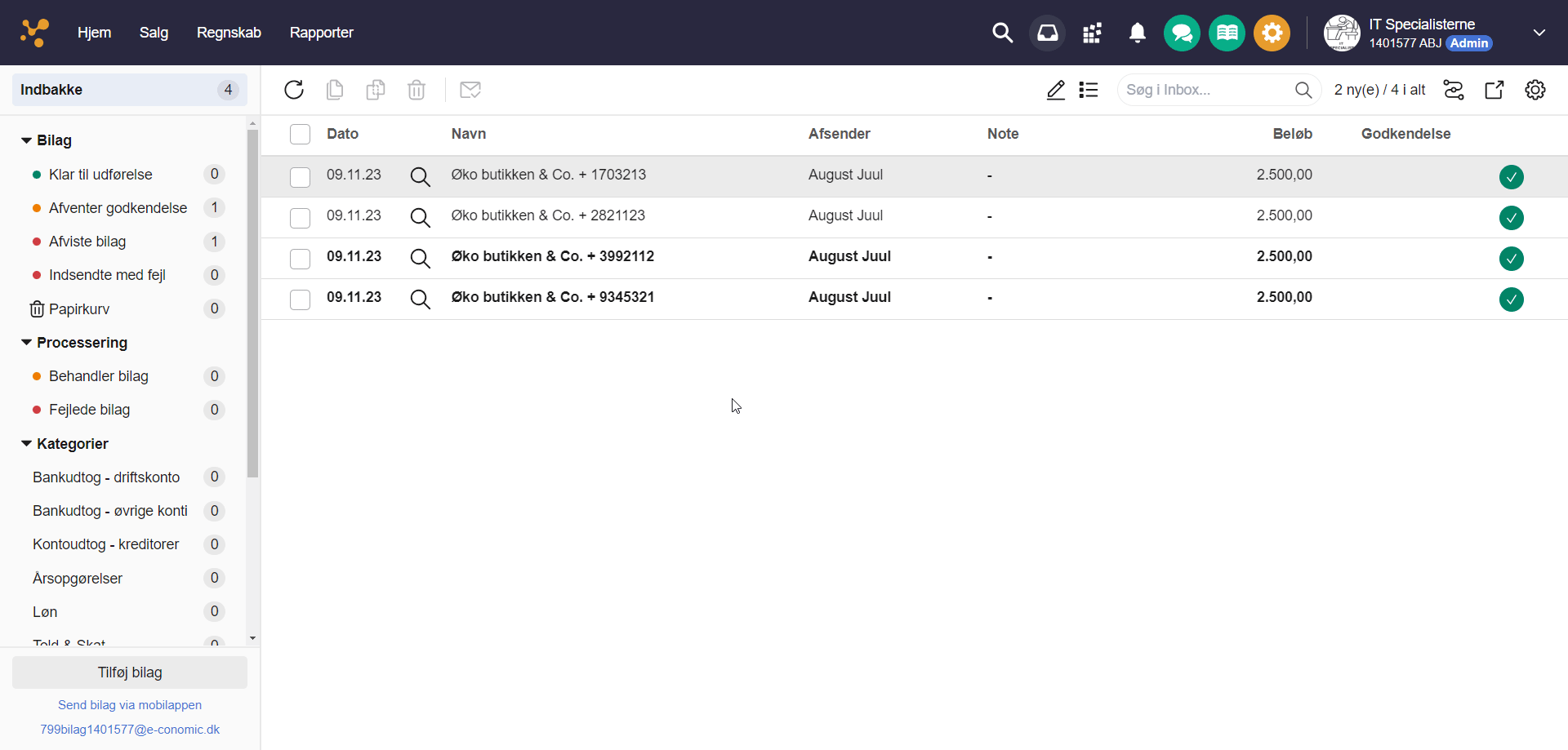Viser en liste over bilag i Indbakke – bruges til at finde det bilag, der skal bogføres med dimensioner.